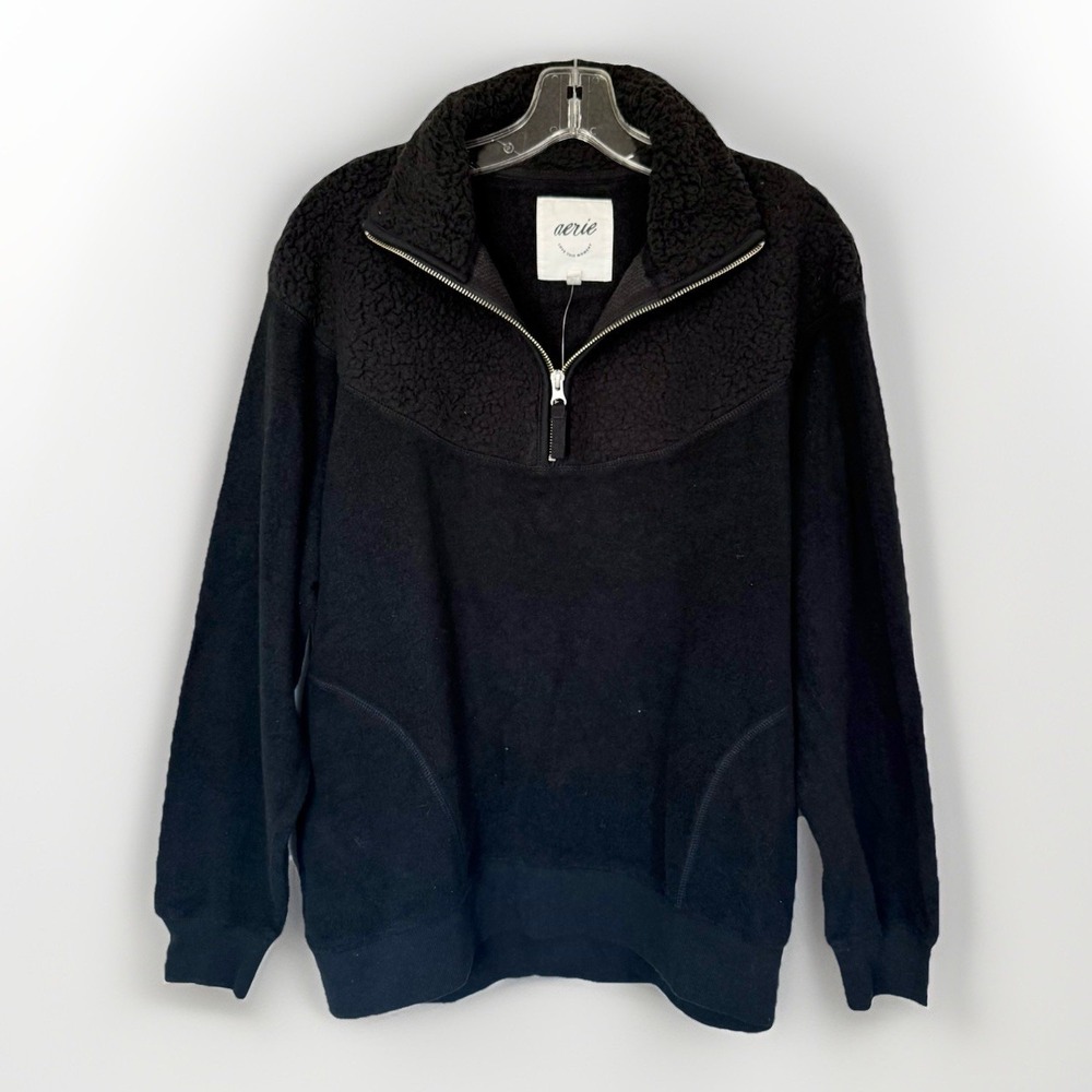 NWT Aerie Sherpa Quarter Zip Pullover Womens XS Black Oversized Soft Cozy